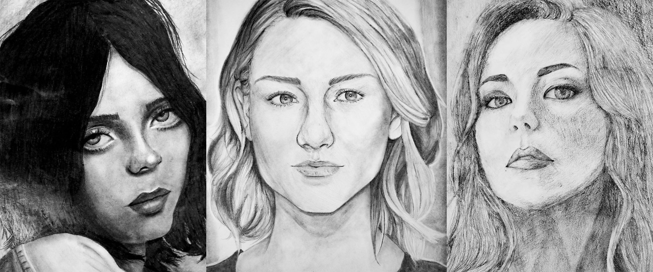 pencil drawings of 3 women