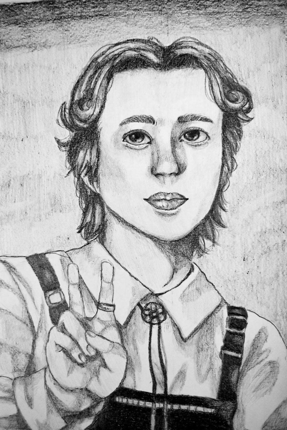 Pencil drawing of a man with the peace sign