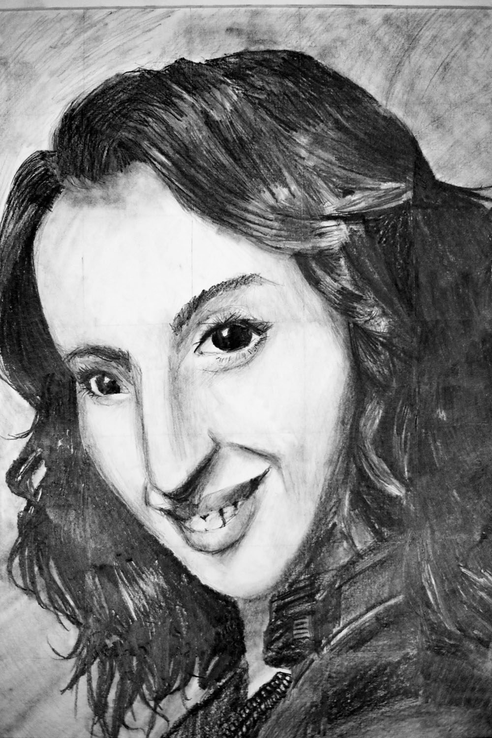 Pencil drawing of a woman with a smile