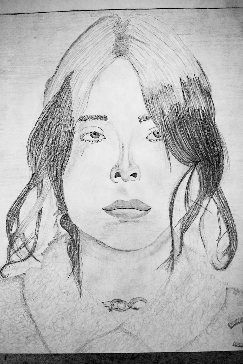 Pencil drawing of a woman with collard shirt