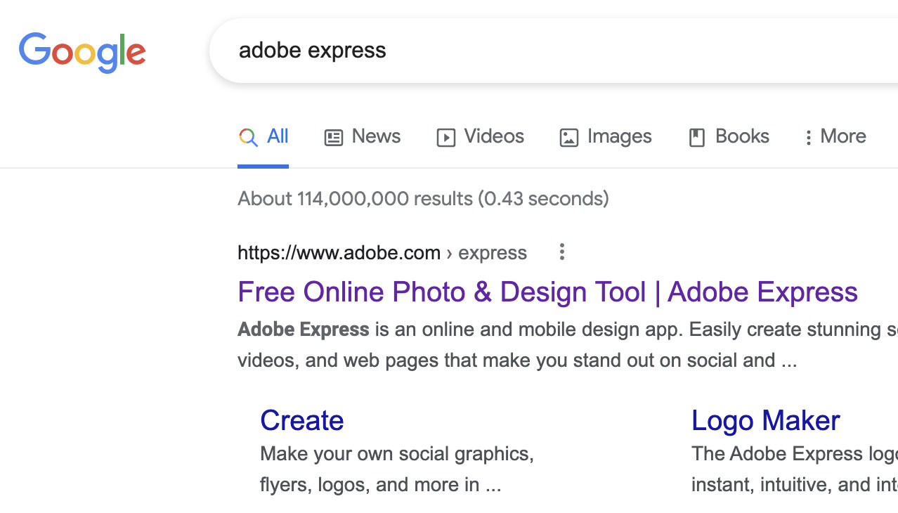 Adobe Express Google Search Page
