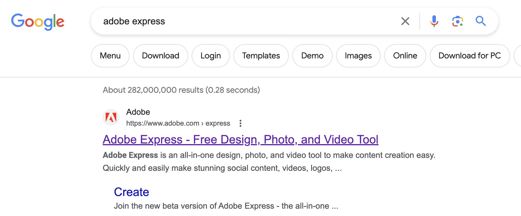 Adobe Express Google Search Page