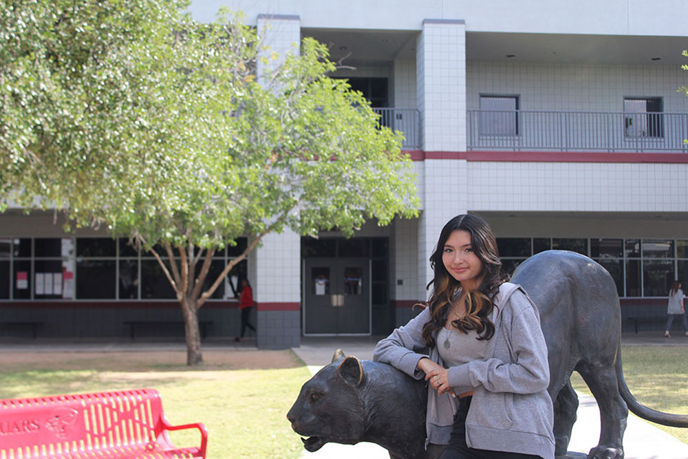 Ethina Amado with the Jaguar in the Desert Ridge Highschool Courtyard