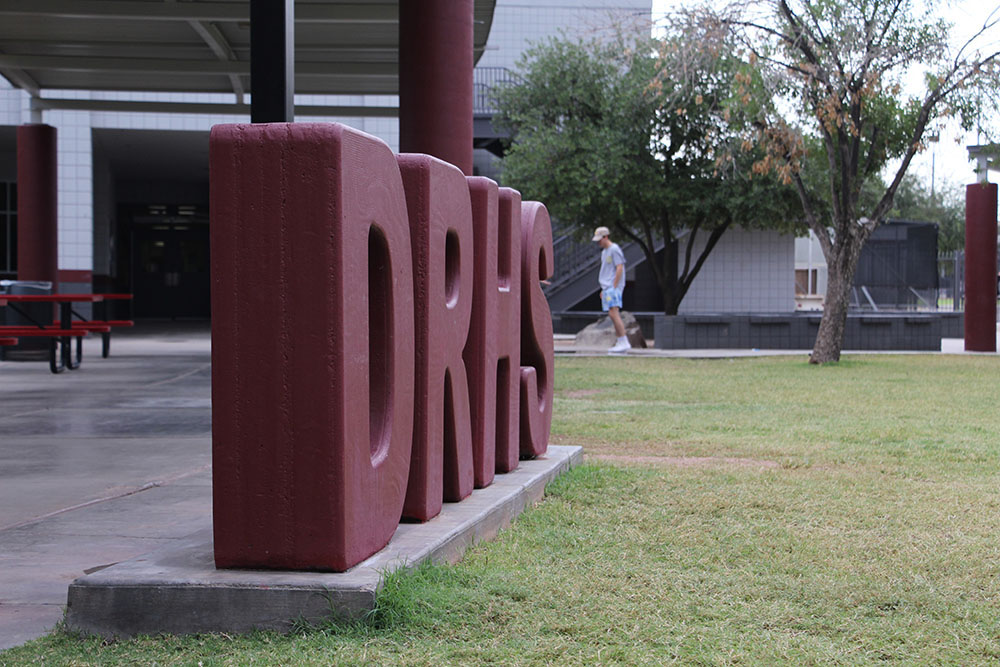 Side View of DRHS Logo in Courtyard